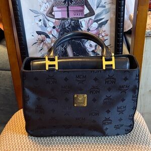 MCM Black Jacquard Monogram Top-Handle Tote with Gold Hardware